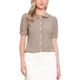 thumbnail image 1 of CAMISA DE CUADROS PARA MUJER INSPIRE CHIC CON COLLAR PETER PAN Y MANGAS CORTAS ABULLONADAS, BLUSA DE BOTONES, TAMAÑO L, MARRÓN OSCURO, 1 of 6