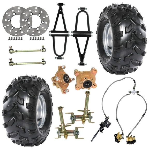 265mm 10.4" Front Suspenion Upper Lower Shock Swing Arm Kit  18x9.50-8 Tires 8" Wheels  Disc Brake Caliper Assembly Rotors   Steering Spindle Wheel Hubs for DIY Go Kart ATV Quad Buggy 4 Wheeler