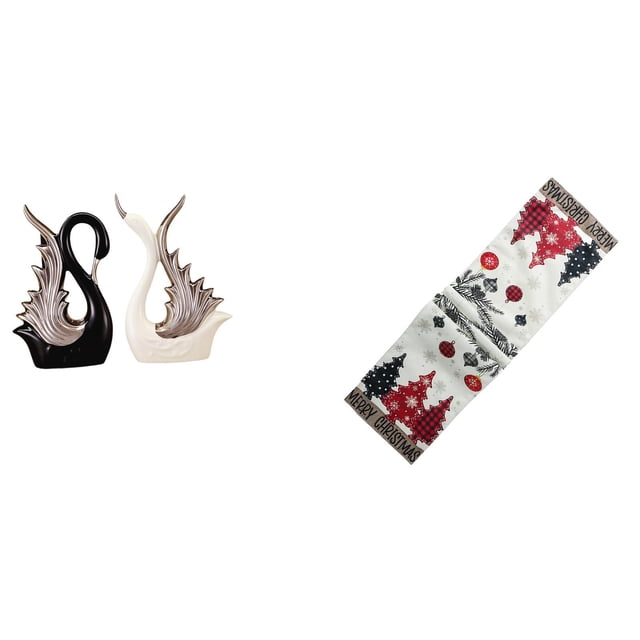 Elegante escultura de cerámica de cisne y camino de mesa navideño para decorar la repisa de y la mesa de centro rústica.