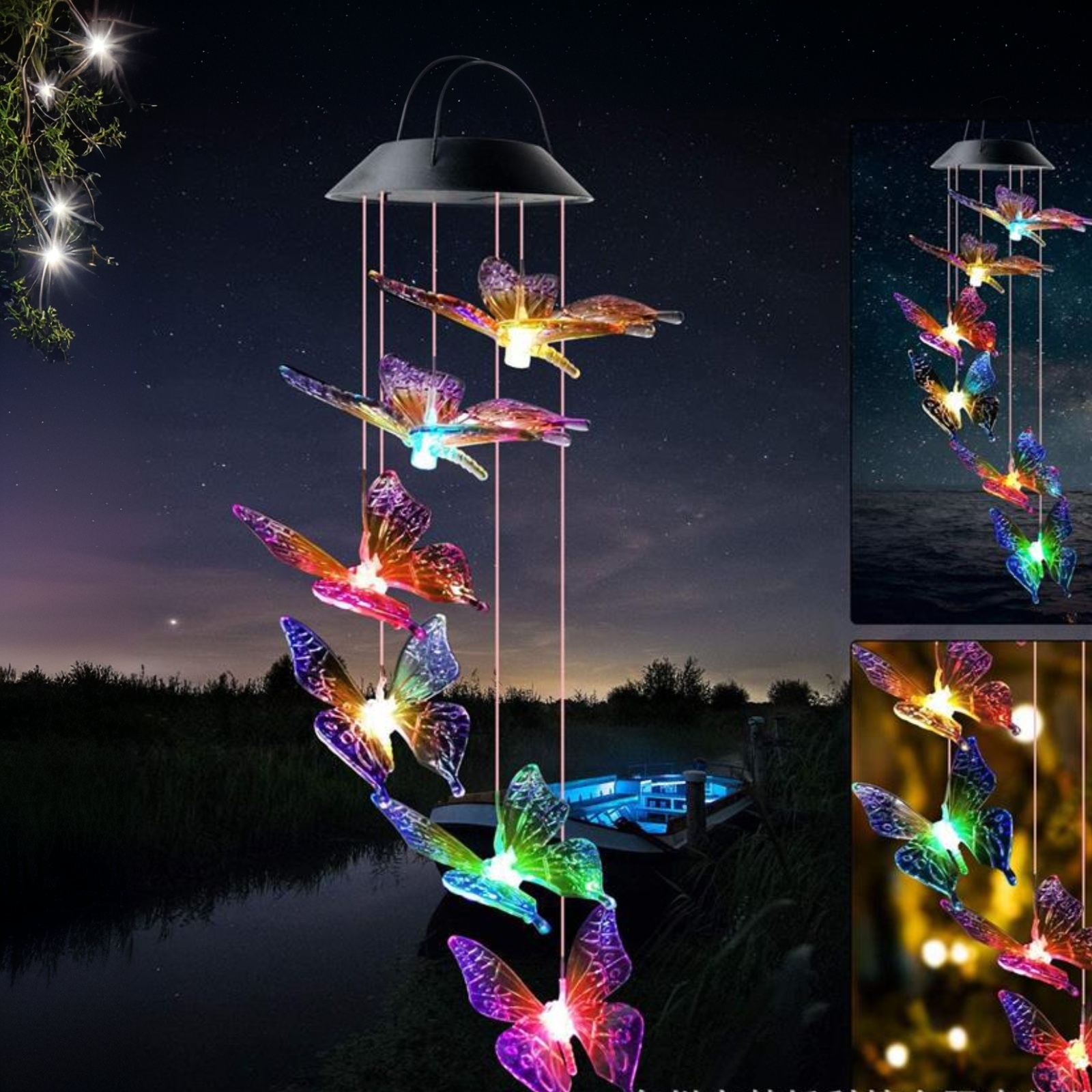 Qoosea Wind Chimes for Outside Butterflies Solar Wind Chime Yard Decorations Outdoords Powered LED Waterproof Color Changing Hanging Lamp Butterfly Windchimes Moon Gifts for Women