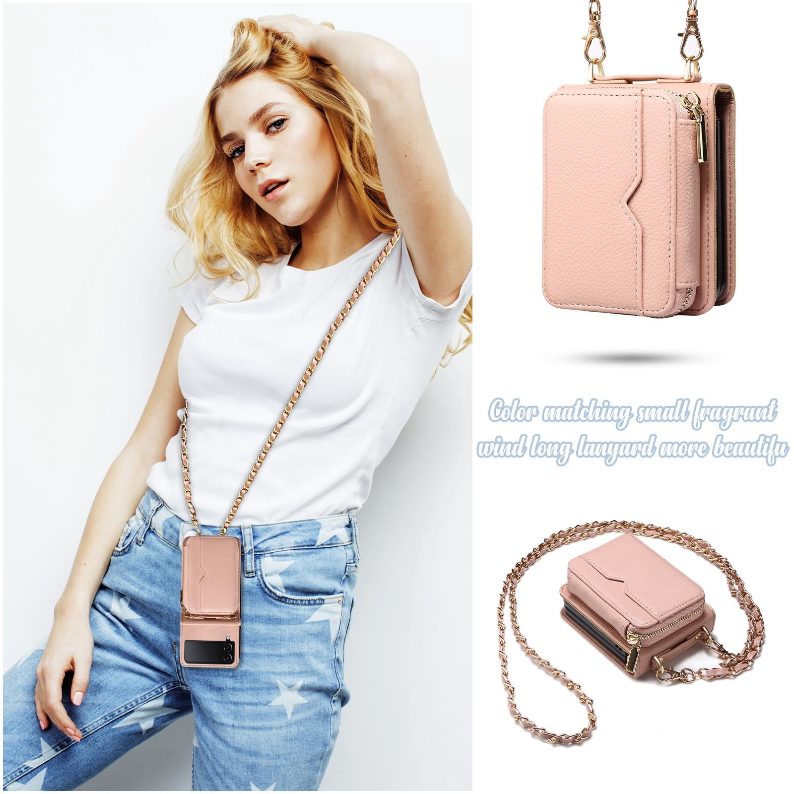 Allytechgroup Zipper Wallet Phone Case for Samsung Galaxy Z Flip 3, with Stylish Crossbody Strap Cards Slots RFID Blocking Shockproof Protective Luxury Case for Girls Women, Pink