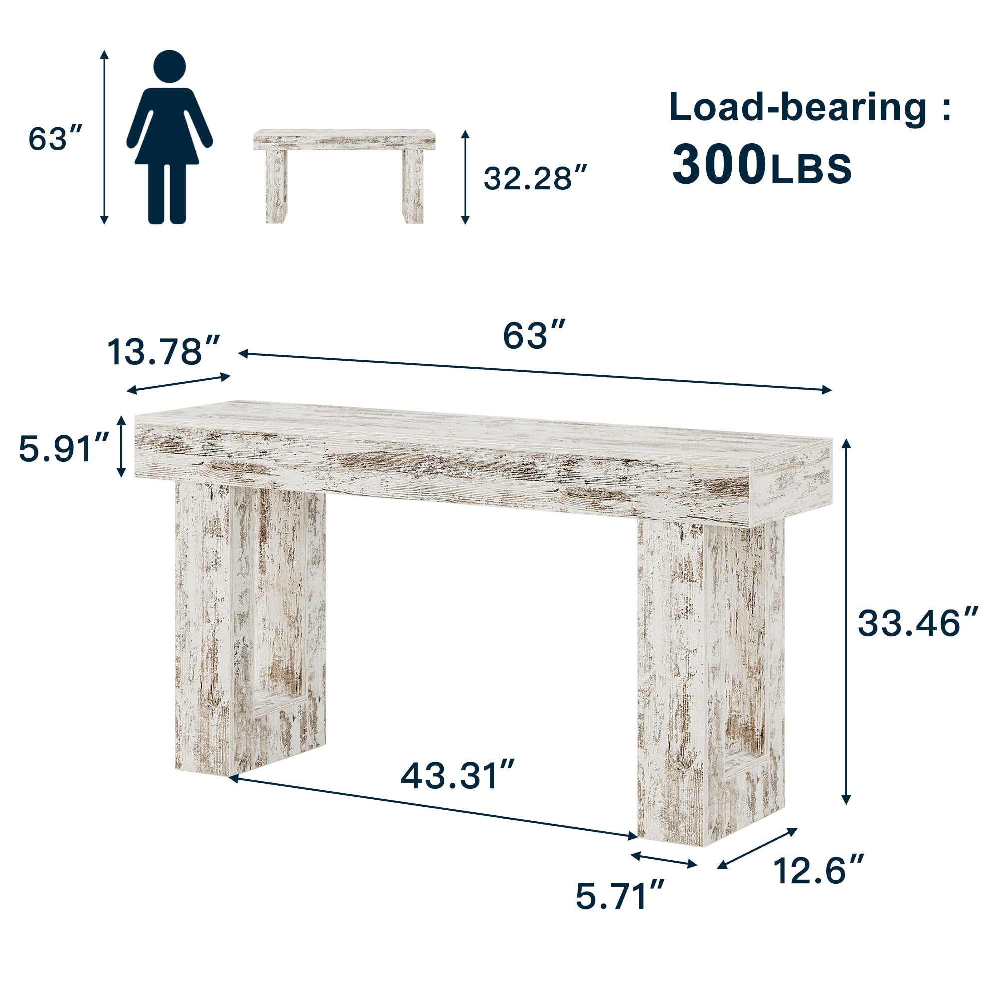 Demi Bonn 63" Console Table, Farmhouse Wooden Sofa Table Entryway Table for Hallway, Entrance, Living Room, Bedroom, Gray + White