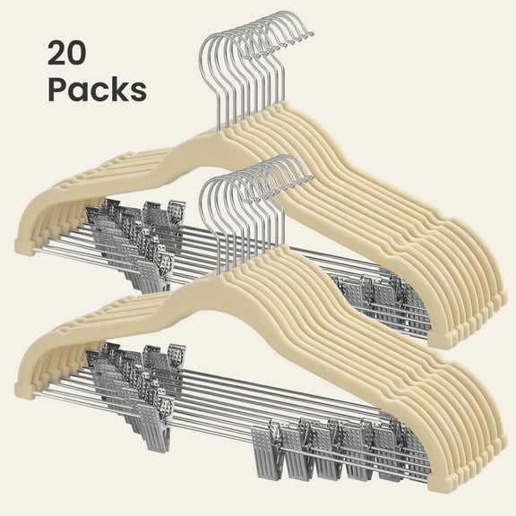 20 Pack Skirt Pants Hangers 17 Inch Long Velvet Clips Hangers with Adjustable Clips Non-Slip for Skirts Coats Dresses Sandy Beige