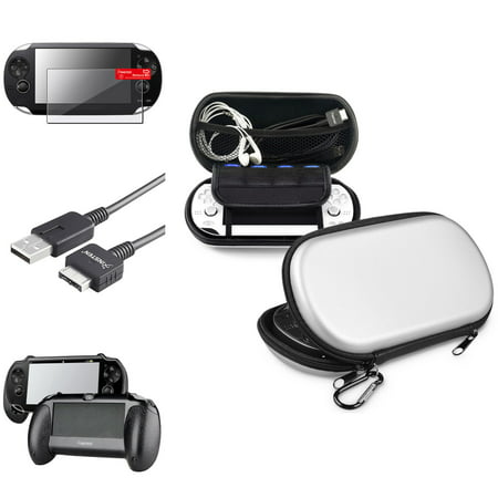 Insten Hand Grip + Silver EVA Storage Case + Screen Protector + USB Cable For Sony PS Vita