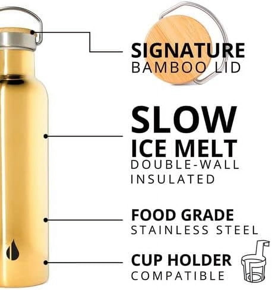 Elemental Classic Stainless Steel Water Bottle - 25oz Leak Proof Double Wall Insulated Water Bottle for Travel, Gym, Sports and Hydration - Thermos Water Bottles with Bamboo Lid - Gold