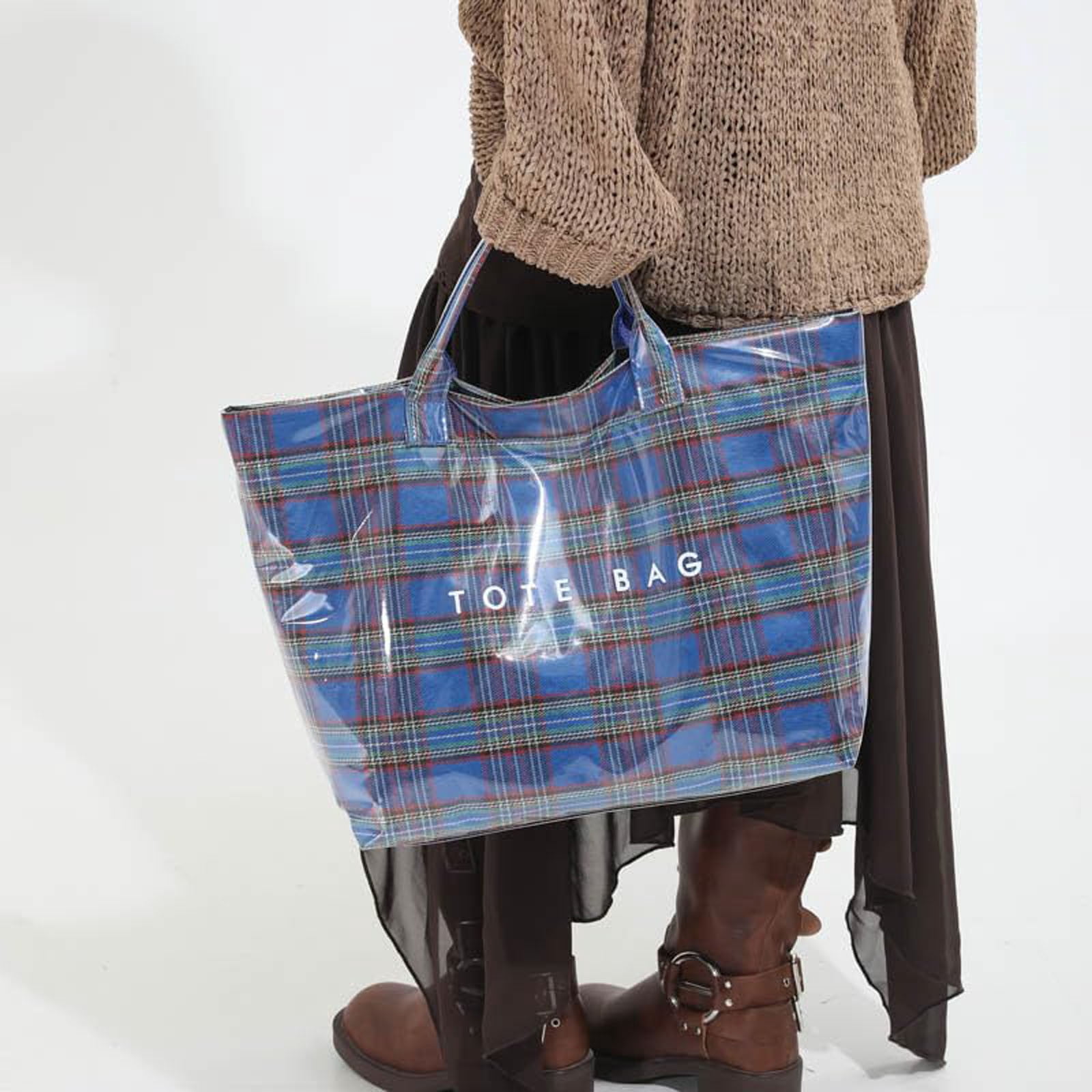 Comefolife Christmas Blue Plaid PVC Tote Bag for Women Vintage Christmas Buffalo Check Tote Bag Plastic Handbag