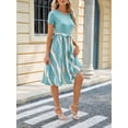 thumbnail image 5 of PULLIMORE Women's Summer Spliced Printed Dress T-shirt A-line Dresses Short Sleeve Boho Beach Dress with Belt (Green,M), 5 of 6