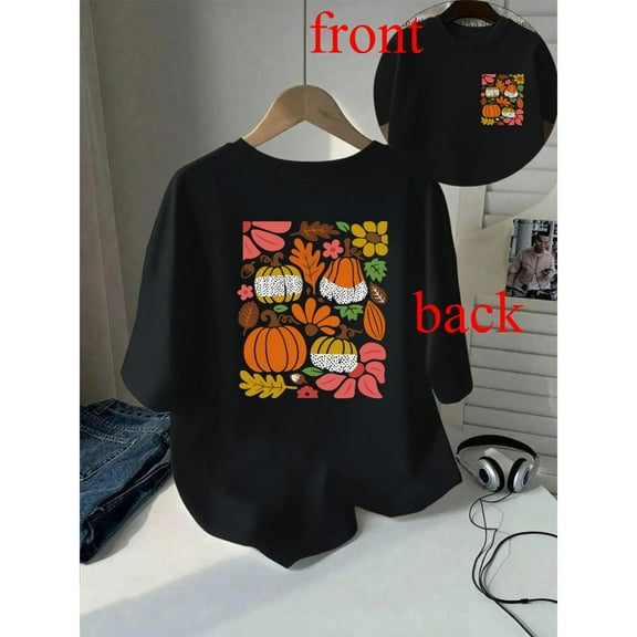 Women's Floral T-Shirt，Pattern printing，Pumpkin Graphic Tee, Short Sleeve Round Neck Tops，Causal，cotton，black，S-5XL