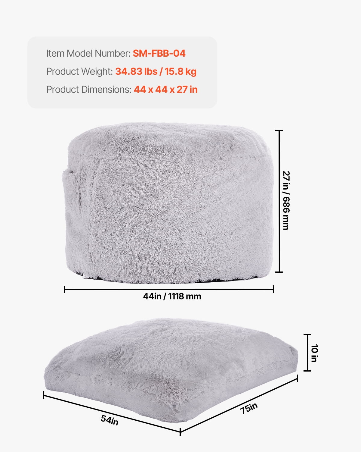 VEVOR Bean Bag Bed Chair, Convertible Chair from BeanBag to Lounge or Mattress, Gaint Bean Bag Chair Bed with Washable Cover for Adults, Fluffy Plush, Foam Filling and Side Pocket, Grey(Full Size)