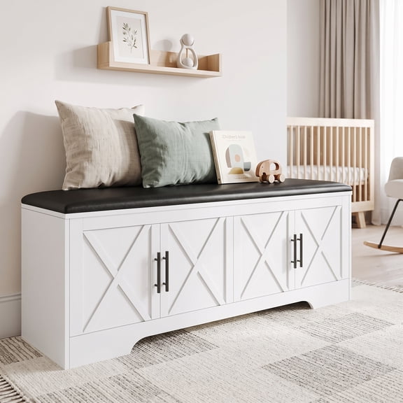 NYBOPAVIS Storage Bench with Cushion, 47.2" End of Bed Storage Bench with Lift Top, Window Bench Seat with Storage for Bedroom, Mudroom, Entryway, Living Room & Hallway, White