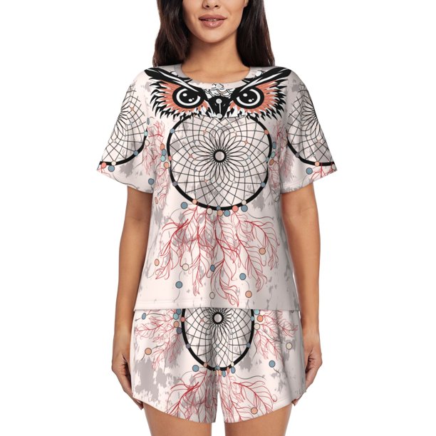 Balery Dreamcatcher With Owl Conjunto de Pijama para Mujer con Estampado, Dos Piezas de Manga Corta y Shorts, Ropa de Dormir Suave con Cuello Redondo y Bolsillos-Small