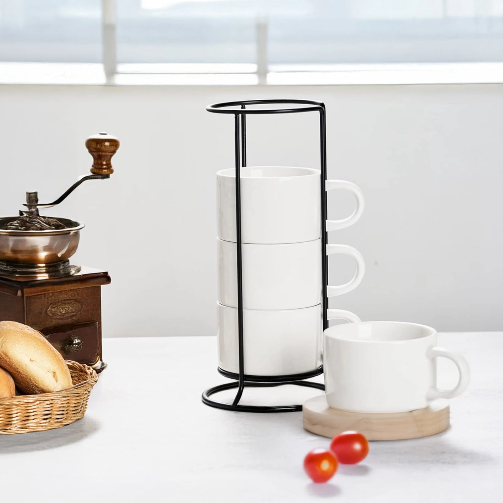 4 Pcs Ceramic Coffee Mugs Set with Black Metal Stand – 10 Oz Stackable Espresso Cups with Handles, Microwave & Dishwasher Safe, Space‑Saving Modern Kitchen Decor