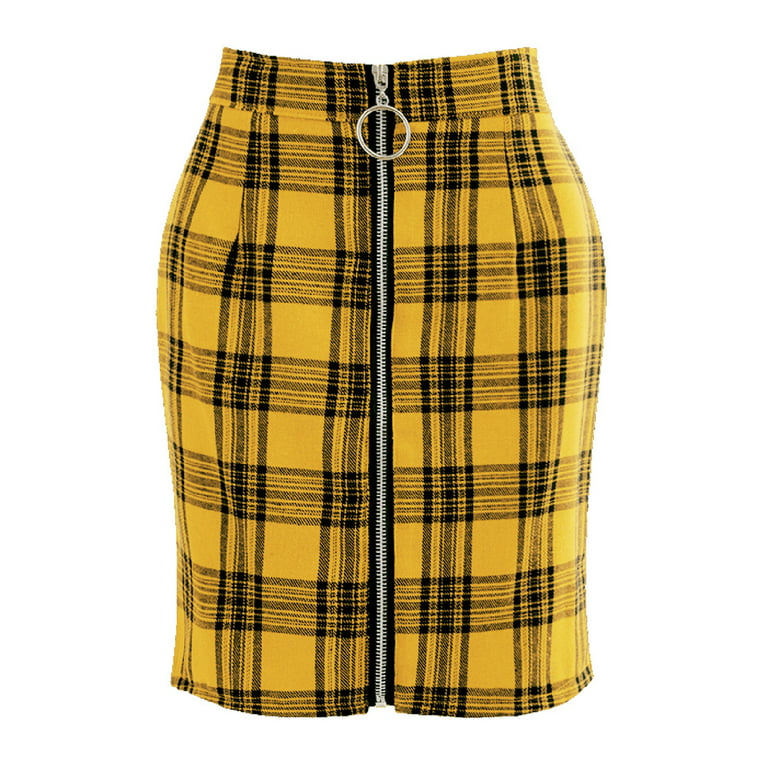 Ruziyoog High Waisted Plaid Skirt Mini Bodycon Skirt Skirt Slim up Front Yellow Women for Pencil Hip Short Zip XL Party