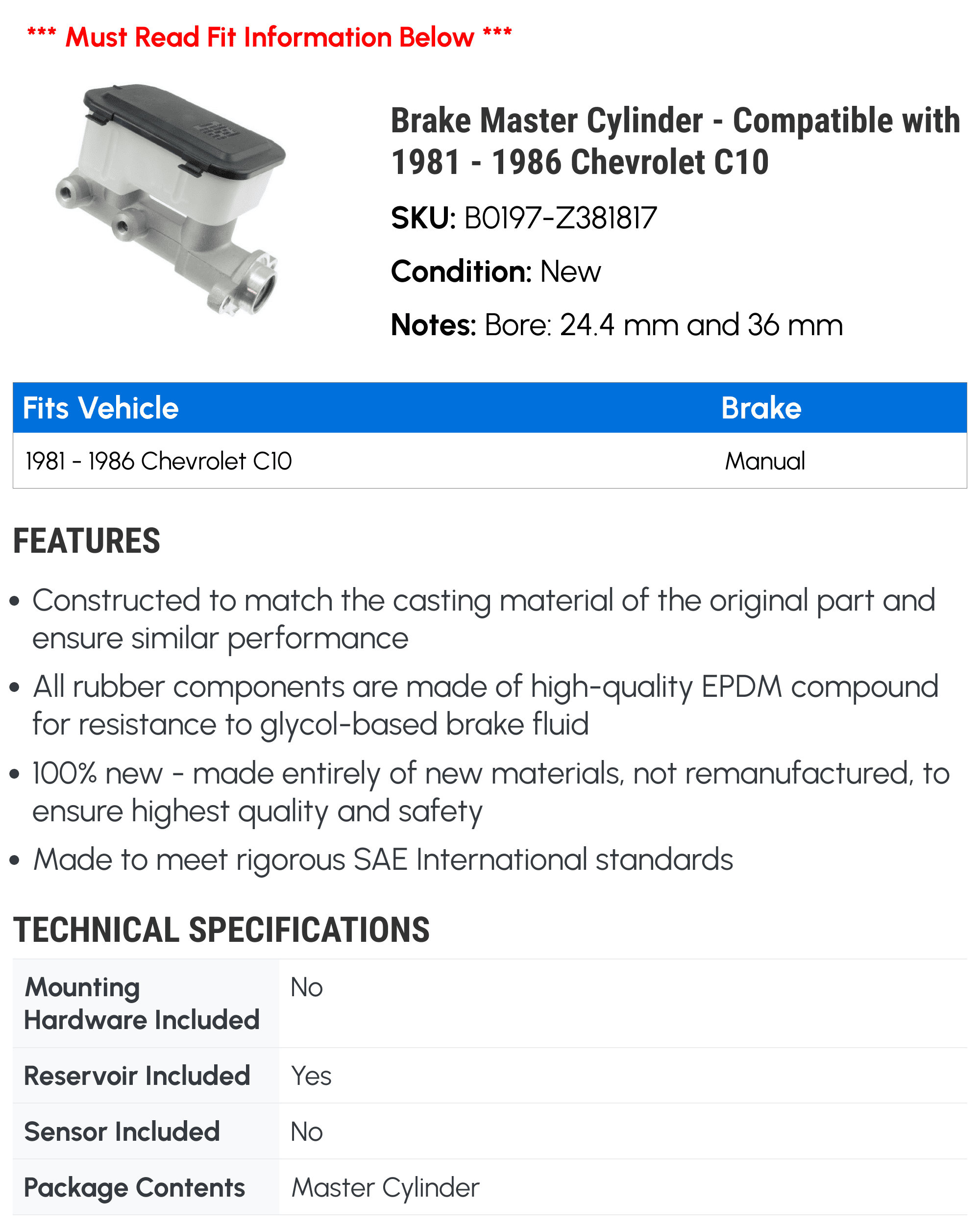 Brake Master Cylinder - Compatible with 1981 - 1986 Chevrolet C10 - Dorman