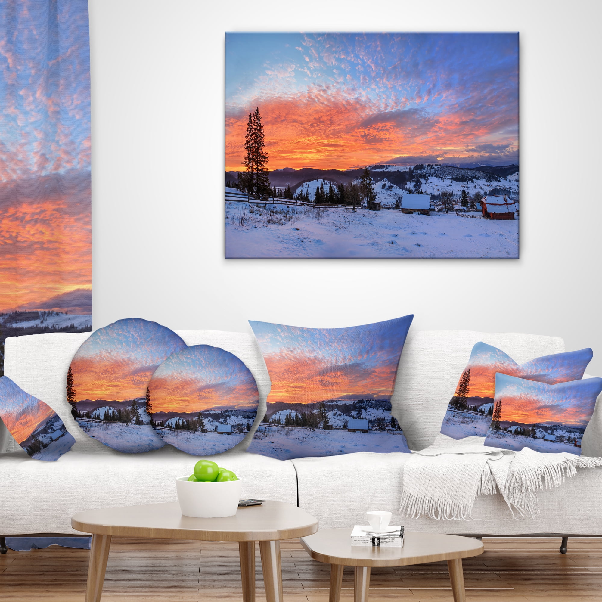Designart Snowy Colorful Dawn in Mountains - Landscape Printed Throw Pillow - 18x18