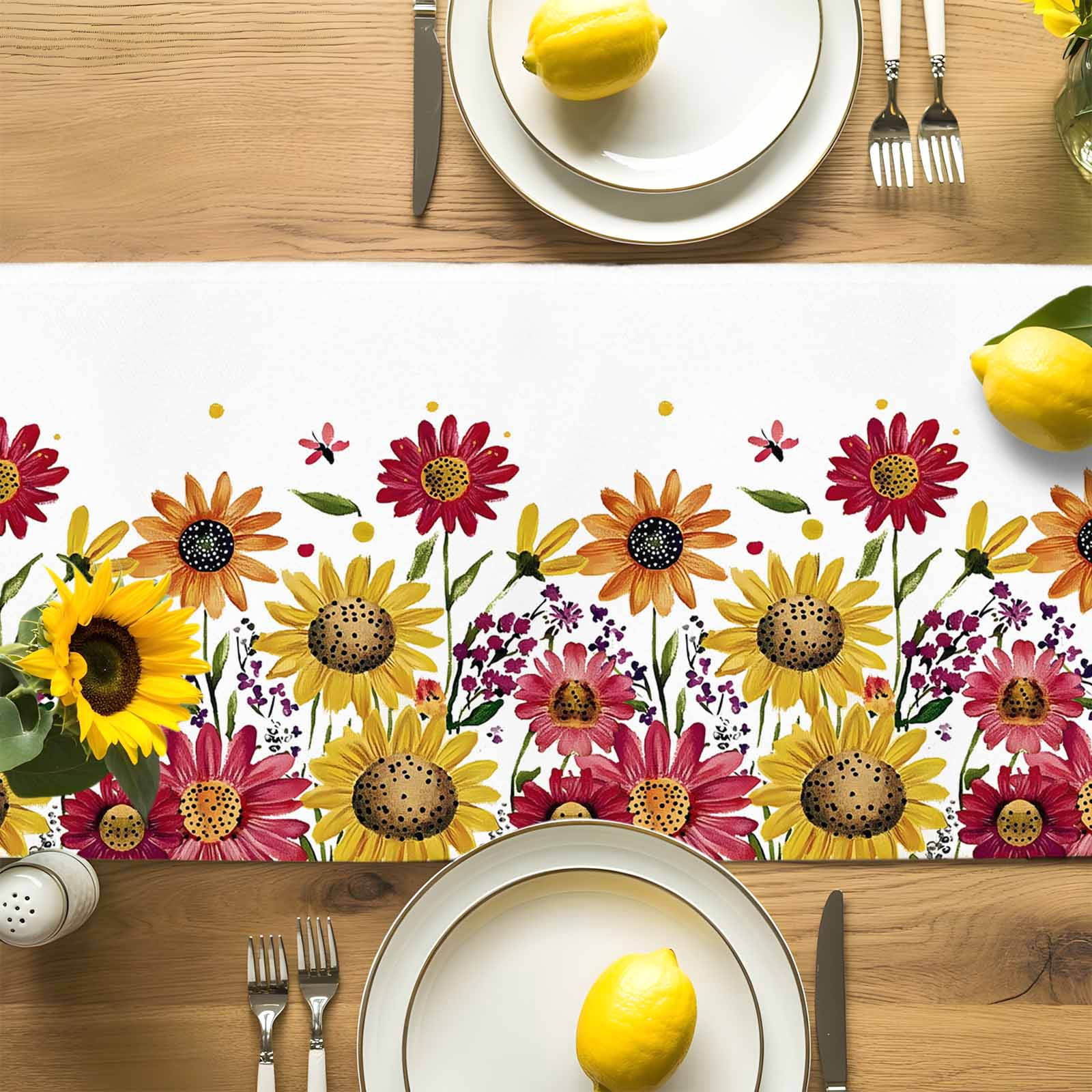 Summer Yellow Red Chrysanthemum Table Runner 90 Inches Long, Watercolor Pastoral Floral Table Runners Tabletop Scarf Kitchen Dining Tables Decoration for Home Party Indoor Outdoor