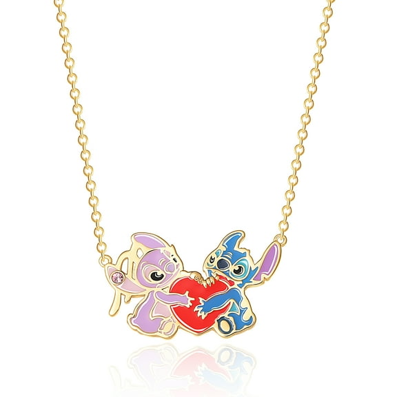 Disney Lilo and Stitch Yellow Gold Plated Stitch and Angel Enamel Heart Necklace - 18'' Chain, Officially Licensed