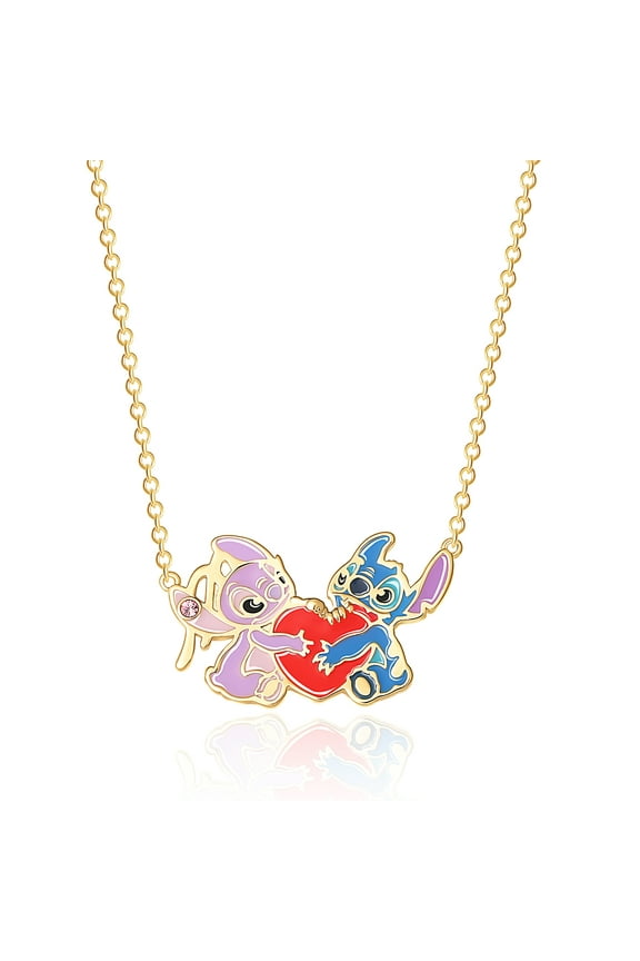 Lilo and Stitch Yellow Gold Plated Stitch and Angel Enamel Heart Necklace - 18'' Chain, Officially Licensed