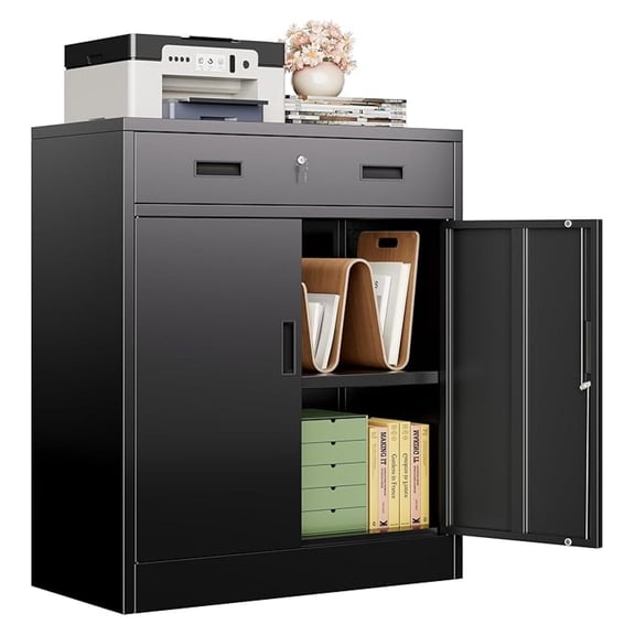 Metal Storage Cabinet, Locking Storage Cabinet with 1 Drawer and Adjustable Shelf, 36" H x 28" W x 16" D Metal Cabinets for Office, Home, Garage -Black