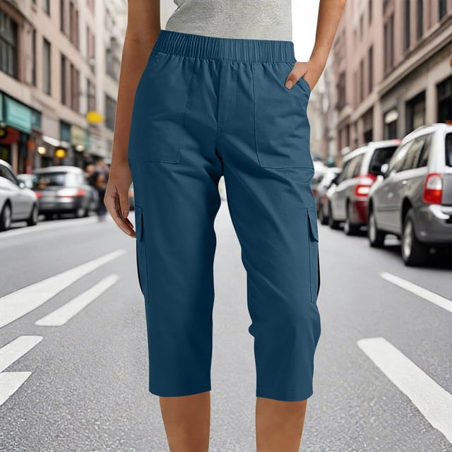 TaTaai Women's All Season Solid Color Elastic Waist Cargo Capri Pants Outdoor Hiking Casual Trousers with Multi Pockets Fashion Loose Fit 7/8 Length Pants Gift
