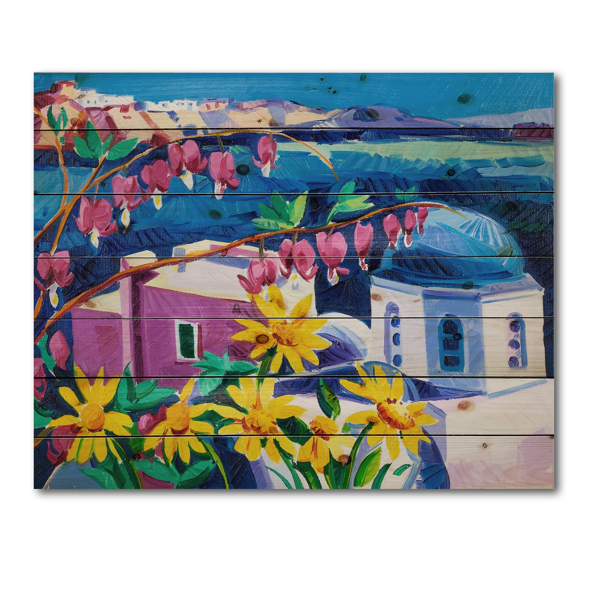 Designart 'Colorful Traditional Santorini Churches Among Flowers' Nautical & Coastal Print on Natural Pine Wood