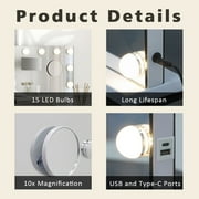 Abble 23''x18'' Large Hollywood Vanity Mirror with 15 Bulbs LED Mirror Lighted Makeup Mirror Wall Mounted & Tabletop White Metal Frame Rectangular mirror, White