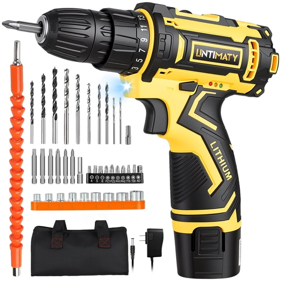 UNTIMATY 12V Cordless Drill Set, Power Drill with Battery and Charger, 23 2 Clutch Settings, 3/8" Keyless Chuck,LED Light for Home Repair and DIY Projects