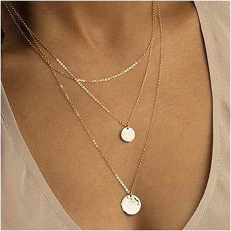 Vintage Layered Coin Disc Choker Necklace Gold Coin Pendant Necklace Hammered Disc Necklace Geometric Round Circle Necklace Jewelry for Women
