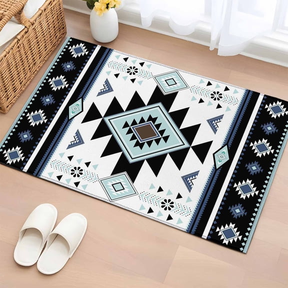 2x3 Ft Entryway Area Rug, Navy Blue Boho Kitchen Rug Runner Washable Floor Mat, Vintage Southwestern Ethnic Tribal Geometric Non Slip Indoor Door Mat Throw Carpet for Bathroom Living Room Bedroom