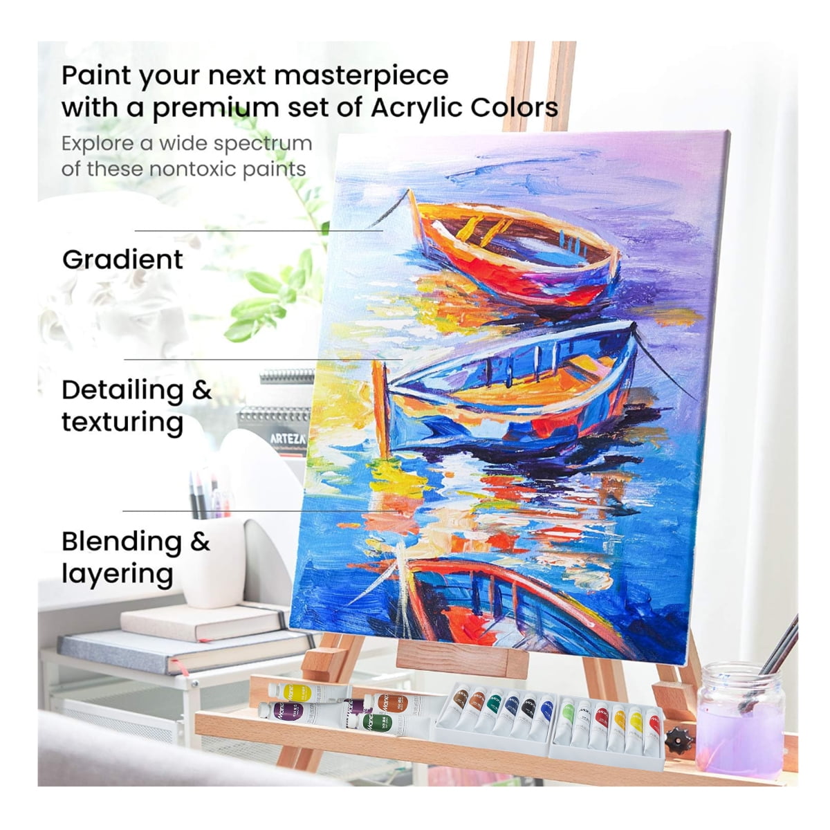 Acrylic Paint Set, 24 Colors x 12ml/0.4oz - Rich Pigments, Non-Toxic, Vibrant Colors for Canvas, Wood, Fabric & Crafts, Ideal for Artists, Beginners, Students & Hobbyists