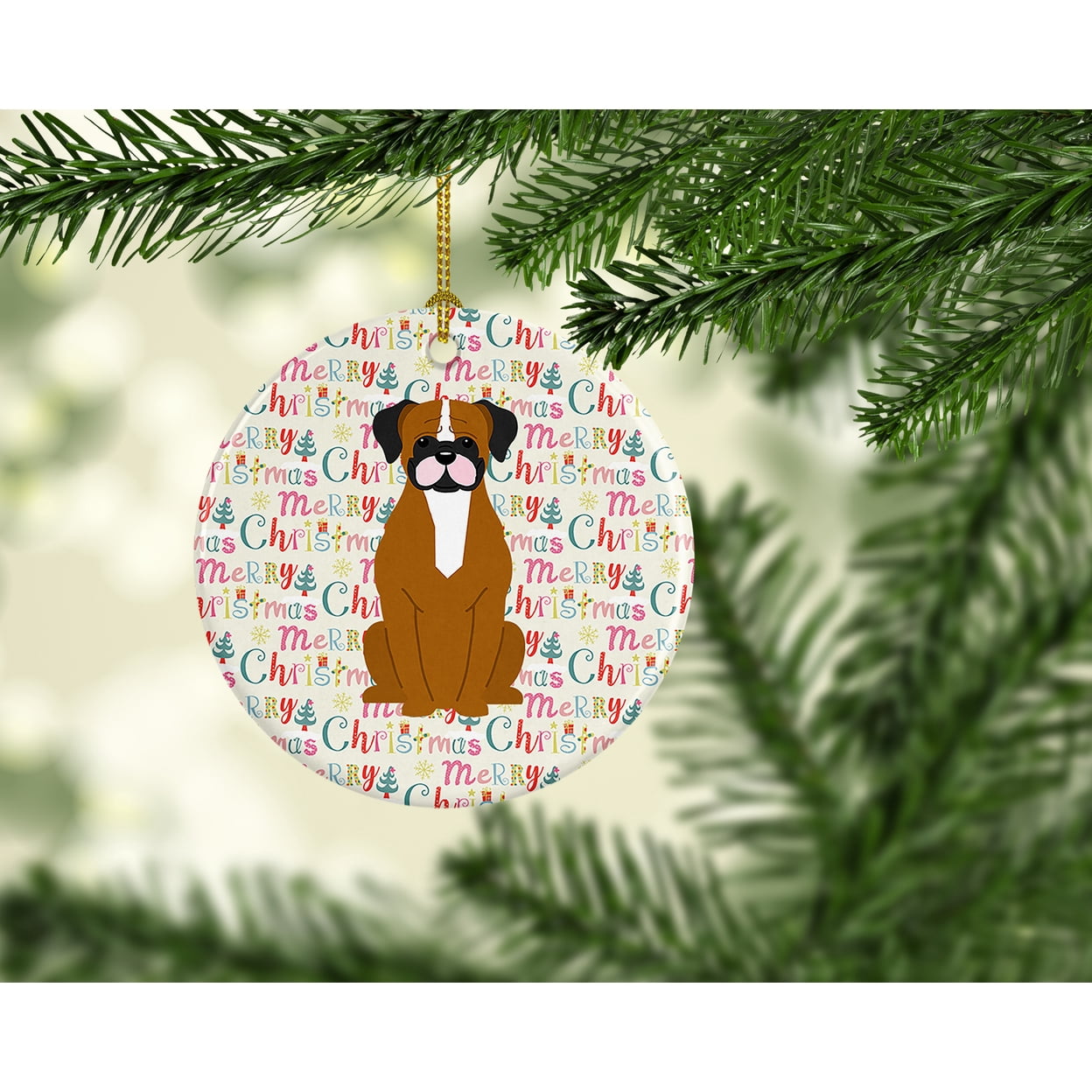 Merry Christmas Flashy Fawn Boxer Ceramic Ornament 2.8 in x 2.8 in
