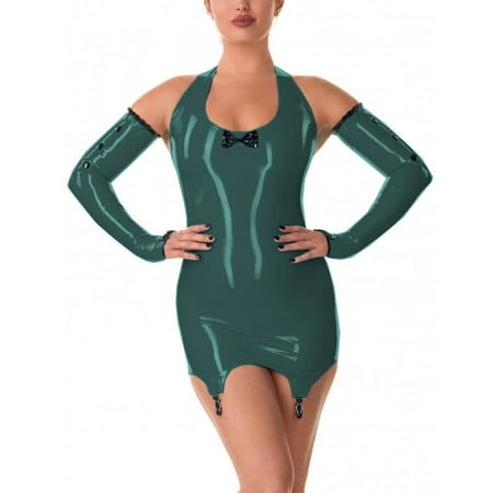 Women Sexy Halter Sleeveless Dress PVC Leather Bodycon Dress with Garter Clips Gloves Lingerie Mini Dress