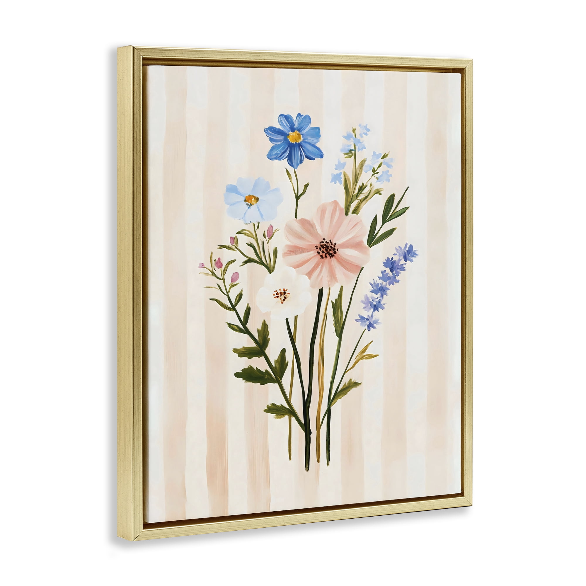 Stupell Industries Cream Stripe Florals Gold Framed Floater Canvas Wall Art, design by The Prints Vibe