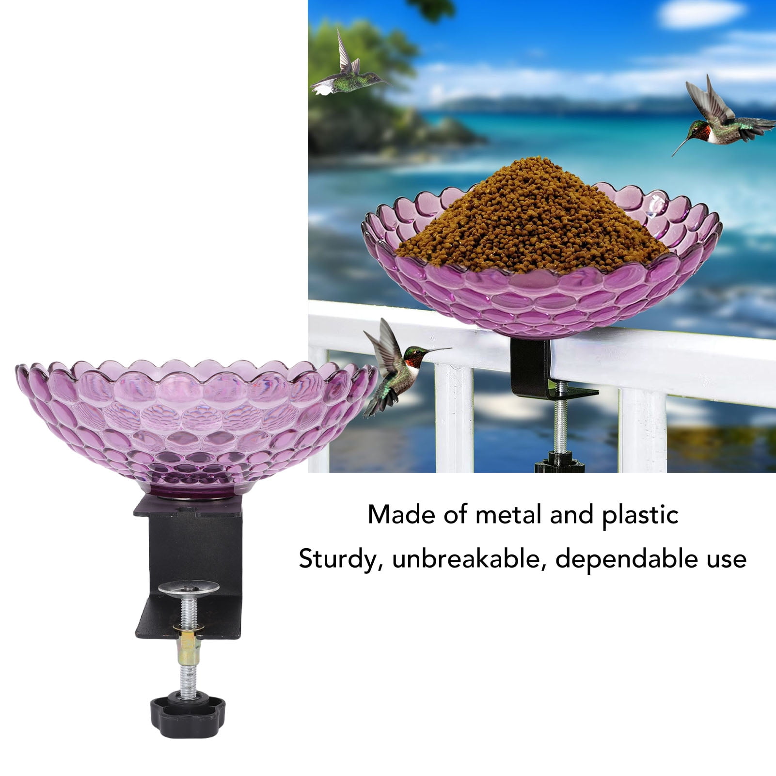 YAHHU Deck Mounted Bird Bath Plastic Detachable Bird Feeder Water Bowl with Adjustable Clamp for Fence Balcony Garden Yard Decor Purple 6.9x5.12 inches / 17.5x13 cm