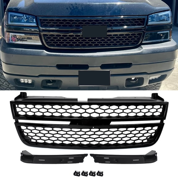 Grille Assembly Compatible With 2003, 2005-2006 Chevrolet Silverado 1500 2500HD 2007 Classic Gloss Black Shell and Insert