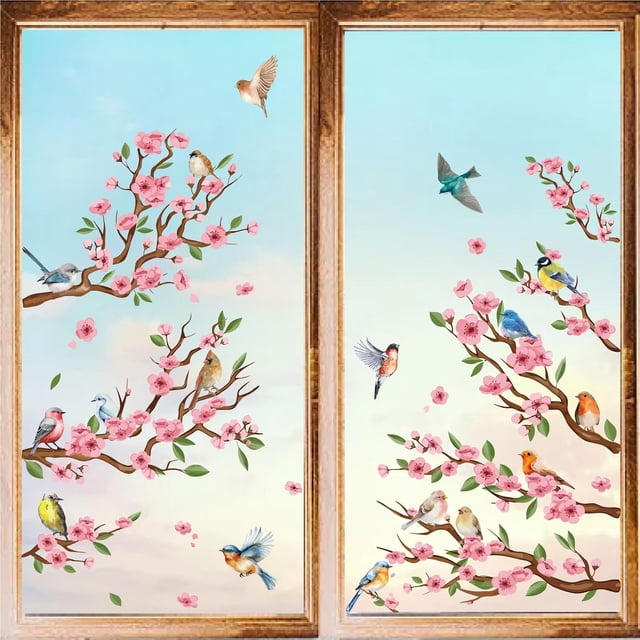 8 Sheets Bird Wall Stickers Flower Stickers Animal Window Stickers PVC Waterproof Self Adhesive Wall Decals Removable for Window Decor Clings Housewarming Gift Home Decoration