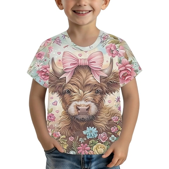 Byoo Boy Cow Printed T Shirt Casual Short Sleeve Crew Neck Kids Tee Shirt,Pink