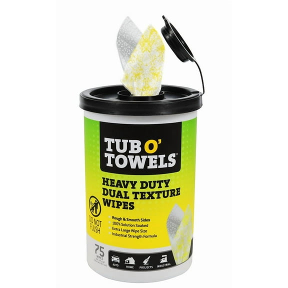 Tub O’ Towels TW75 Heavy-Duty 10" x 12" Size Multi-Surface Cleaning Wipes, Dual Texture, 75 Count Per Canister C29