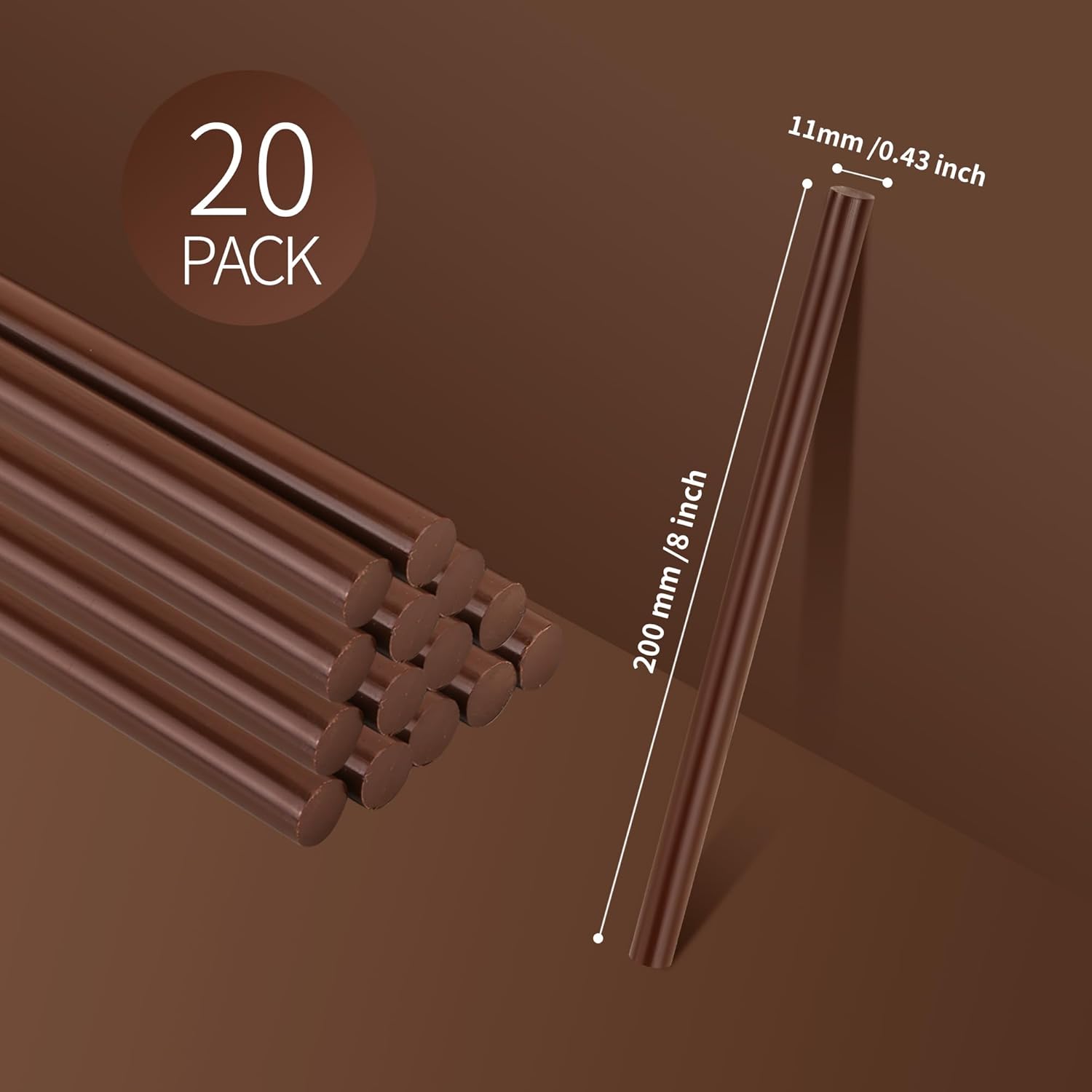 Brown hot Glue Sticks Full Size 0.43” Dia x 8” Long, 20 pcs Hot melt Adhesive Sticks, All-Purpose Colored Gun for DIY Crafting Arts and Home Decoration Repair Bonding