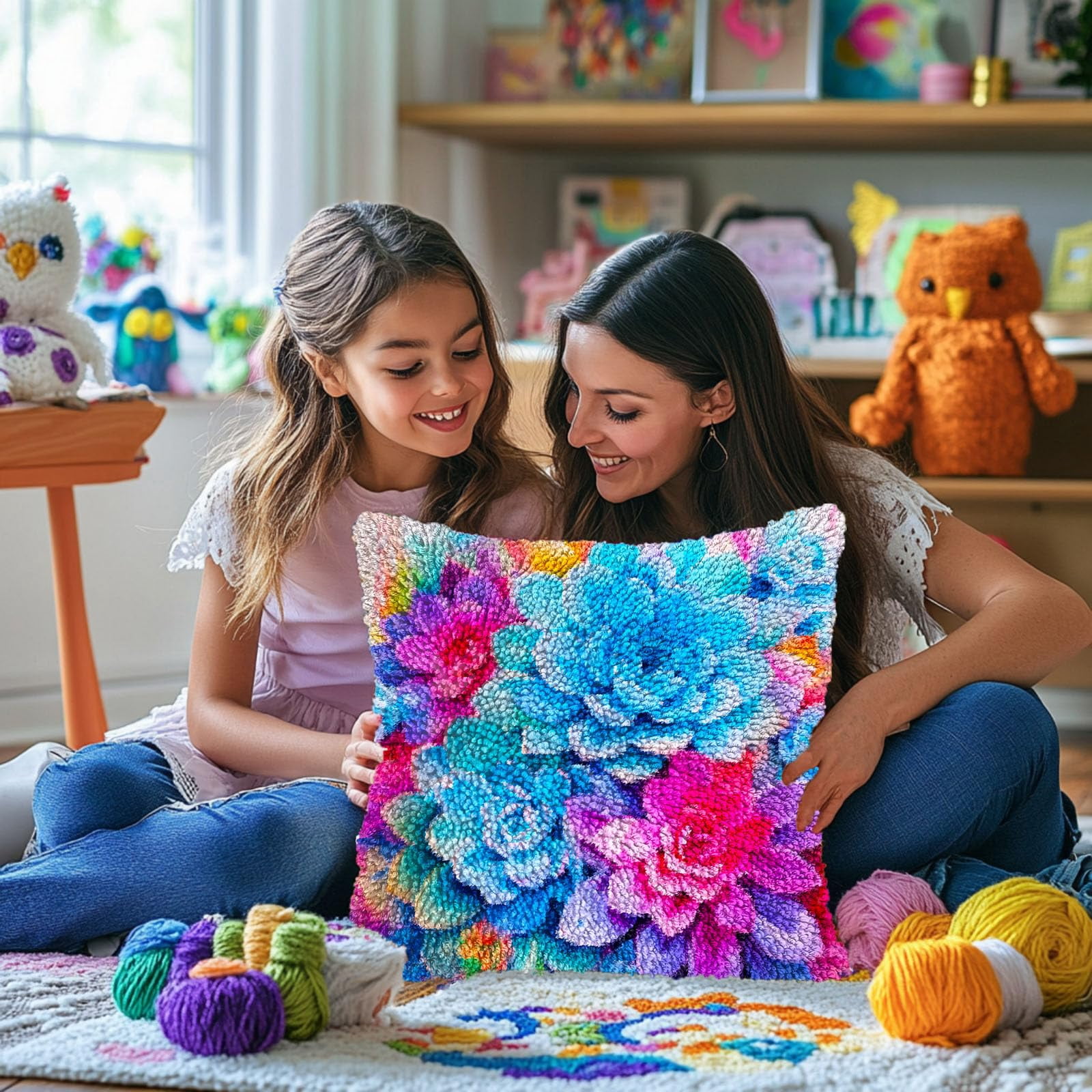 Colorful Flower Succulent Plants DIY Latch Hook Pillow Kits for Adults Printed Pillowcase Crochet Yarns Hooking Handmade Pillow Cover Cushion for Home Sofa Decoration 17x17inch(1)