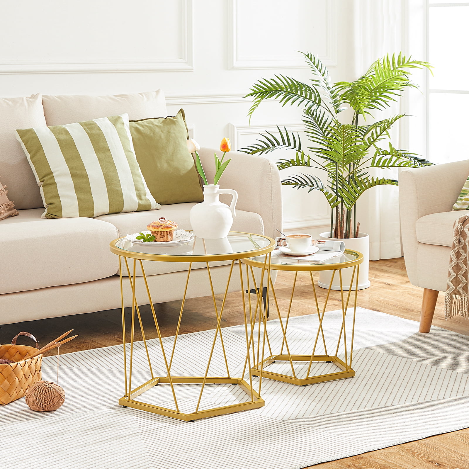 HOOBRO Round Coffee Table Set of 2 Gold End Table Modern Tempered Glass Living Room Bedroom Balcony Yard GD79BZ01