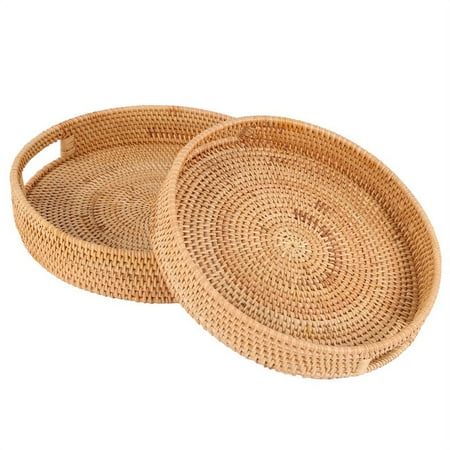 

Rattan Handwoven Round High Wall Severing Tray Food Plate over Handles for Breakfast Drinks for (Set Of 2:S+L)