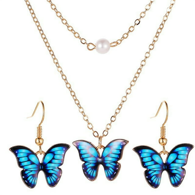 Collier en Couches Papillon Vintage: Collier à Breloques Collier Chaîne avec Boucles d'Oreilles