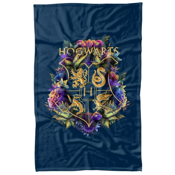 Harry Potter Hogwarts Multi-Colored Floral Crest Officially Licensed Fleece Blanket 36' x 58'