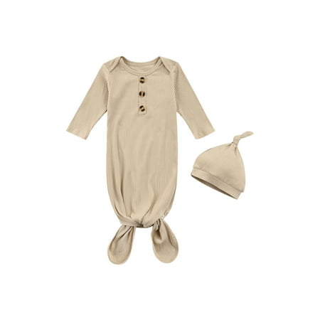 

Newborn Baby Boy Girl Solid Color Knotted Gowns Buttoned Long Sleeve Printed Sleeping Bag Nightgown Pajamas Hat Set