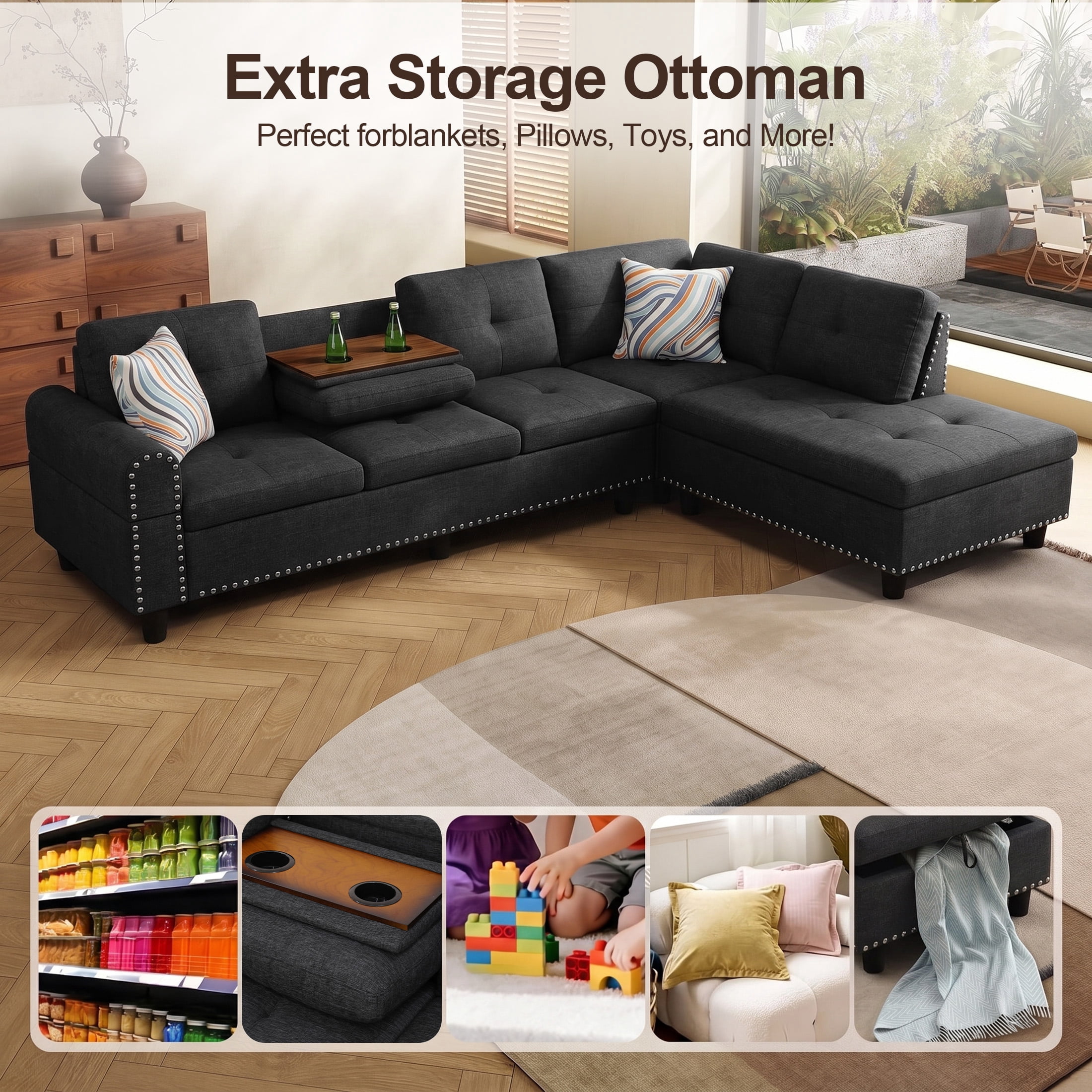 AENKYO 98" L-Shaped Sectional Sofa with Reversible Chaise and Cup Holders, Linen, Black Gray