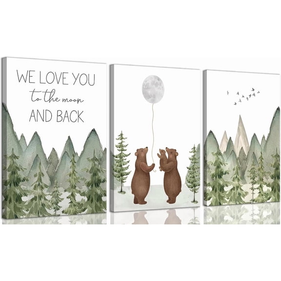 Baby Bear Nursery Canvas Wall Hieng Woodland Brown Bear Wall Decor Picture Mountain Nursery Print Love You To The Moon And Back painting Hiengwork for Boy Girl Newborn Home Decor