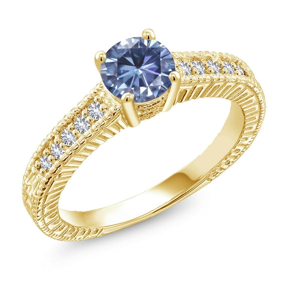 Gem Stone King 18K Yellow Gold Plated Silver Ring Round Persian Blue Moissanite and Created Sapphire White (0.95 Cttw, Size 5)