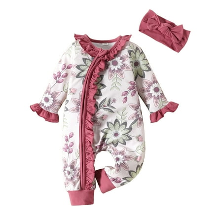 

Fall Winter Baby Girls Clothes Floral Print Ruffle Jumpsuit Zipper Romper Bodysuit Sister Matching Outfits
