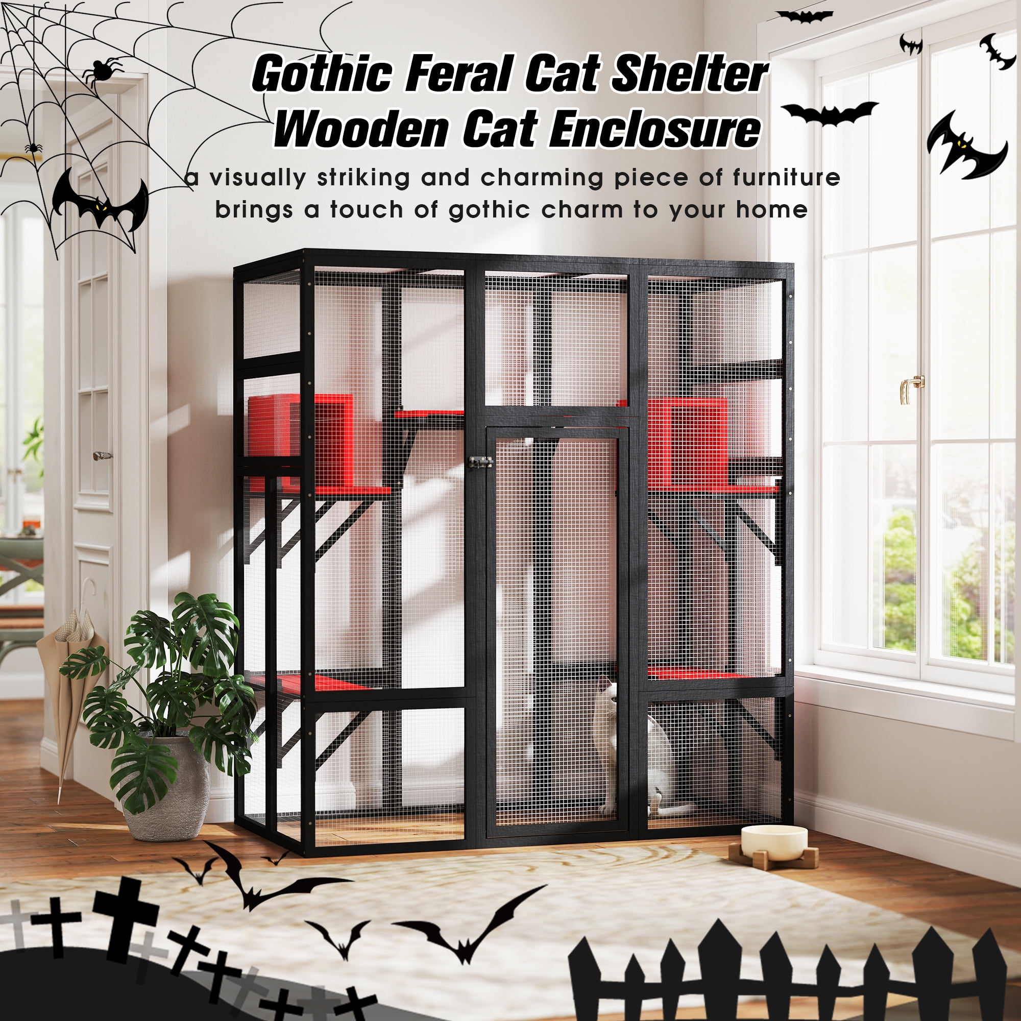 Pefilos 70" Outdoor Cat House for Large Cats, Enclosure Wood Cat Cage with Platforms and Small House, Gothic Kitty Catio Condo Playpen, Black Pefilos 70" Outdoor Cat House for Large Cats, Enclosure Wood Cat Cage with Platforms and Small House, Gothic Kitty Catio Condo Playpen, Black